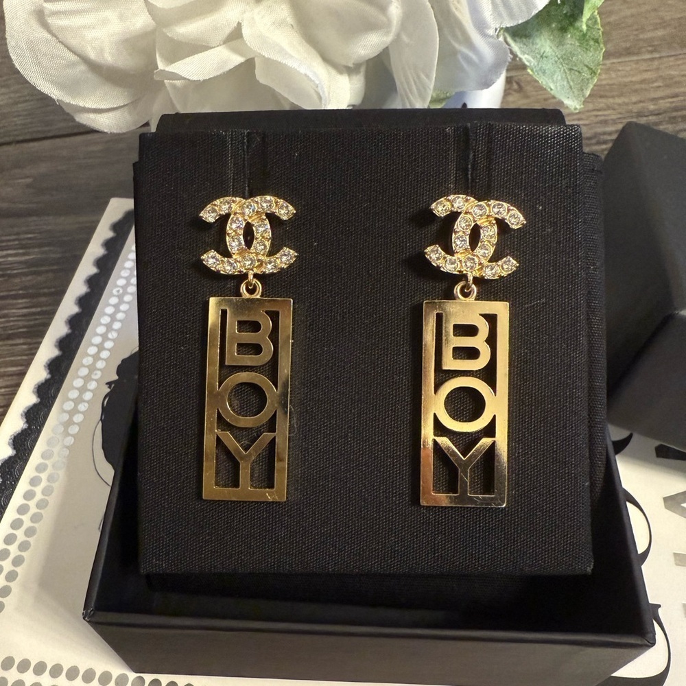 CHANEL Gold Crystal CC "Boy" Dangle Earrings